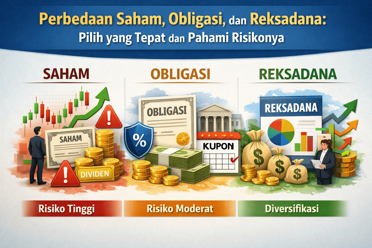 Tidak yakin memilih saham, obligasi, atau reksadana? Pahami perbedaan dan risikonya.